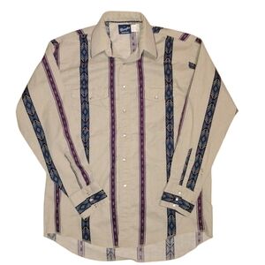 Vintage 80s-90s Wrangler Western Shirt Sz L Brushpopper Pearl Snap Aztec Mens
